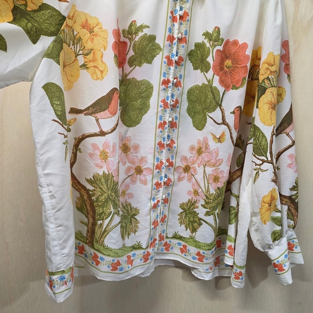 Rose + Olive Floral Bird Print Button Down Blouse White Plus 3X Long Sleeve - Picture 15 of 16